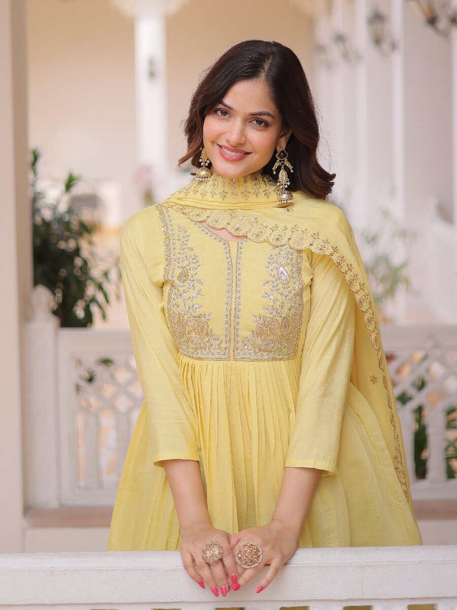 Yellow Chanderi Embroidery Sequins Zari Stone Work Festival Party Wedding Casual Ready Anarkali Pant Salwar Kameez