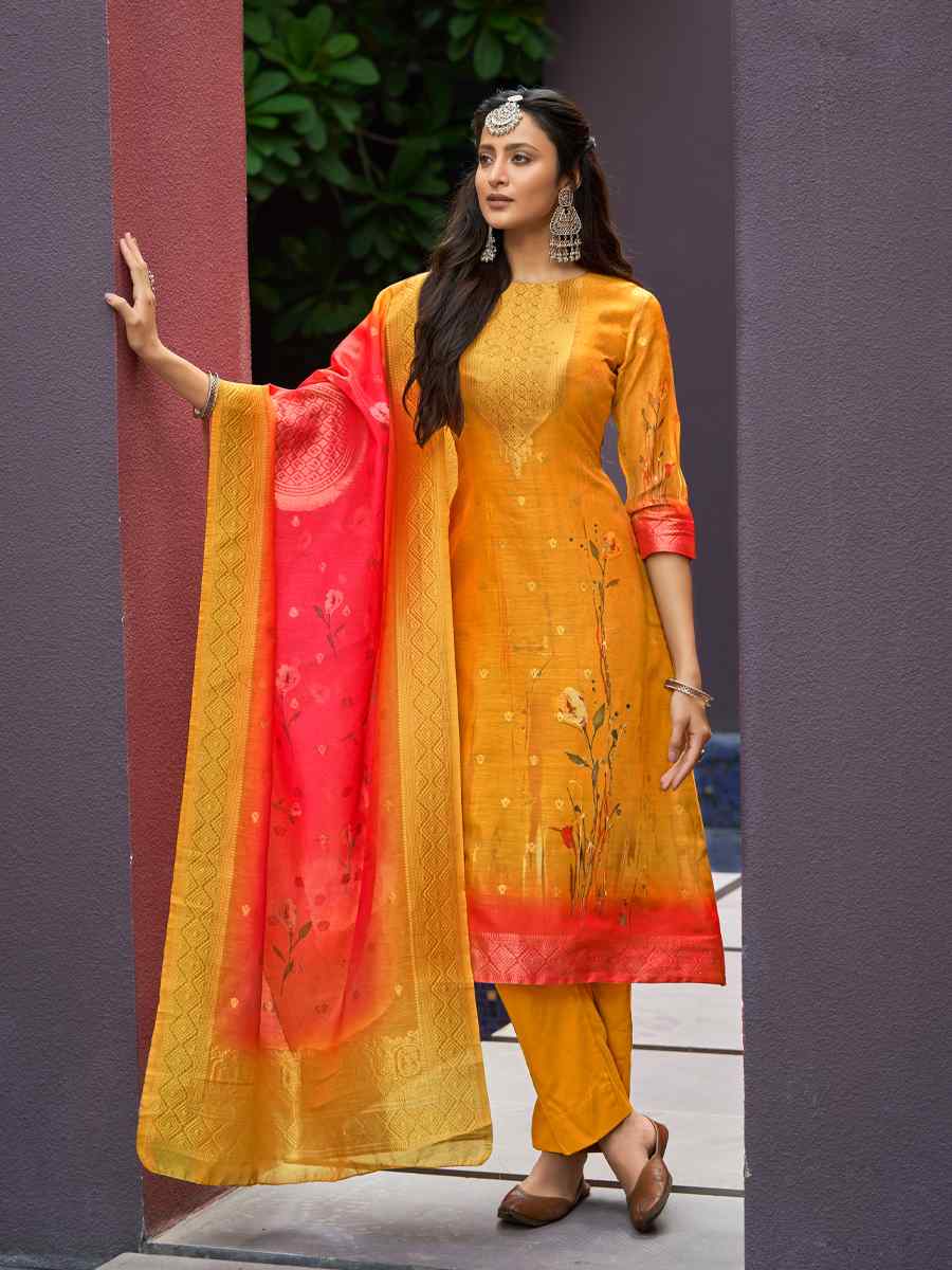 Yellow Chanderi Jacquard Embroidered Festival Wedding Anarkali Salwar Kameez