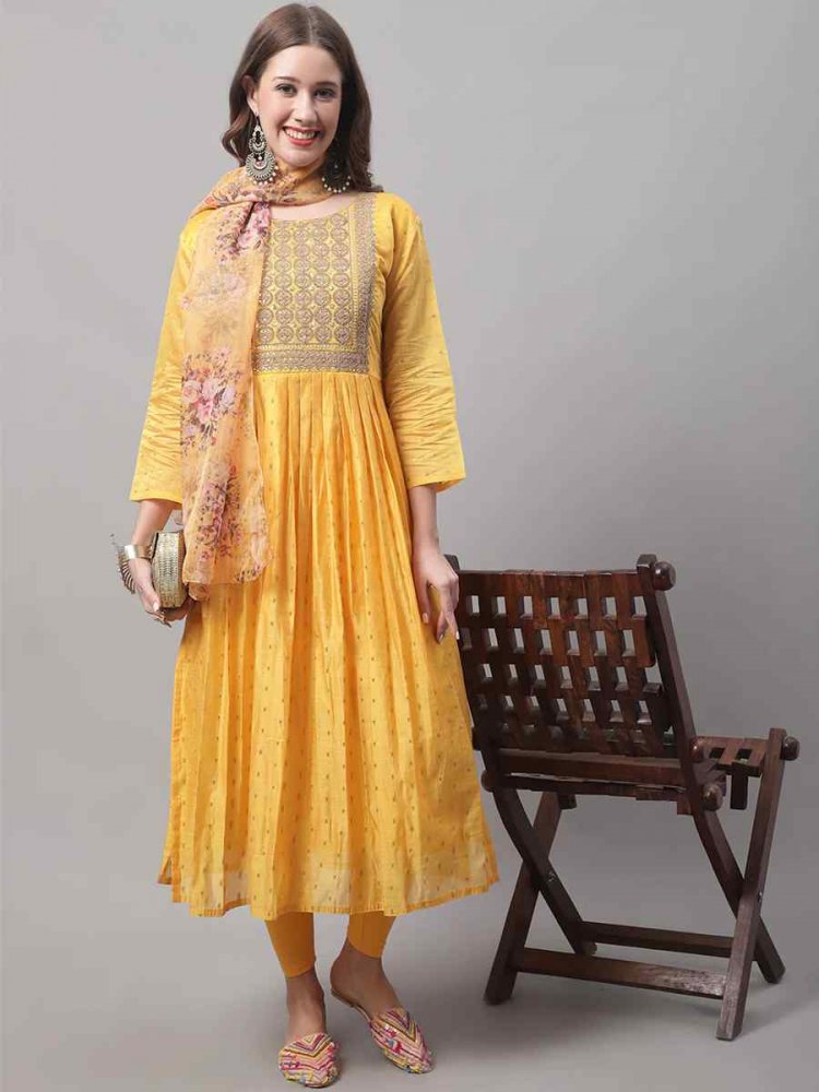 Yellow Chanderi Modal Butti Embroidered Festival Casual Ready Churidar Salwar Kameez