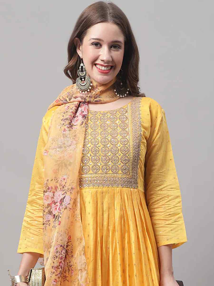 Yellow Chanderi Modal Butti Embroidered Festival Casual Ready Churidar Salwar Kameez