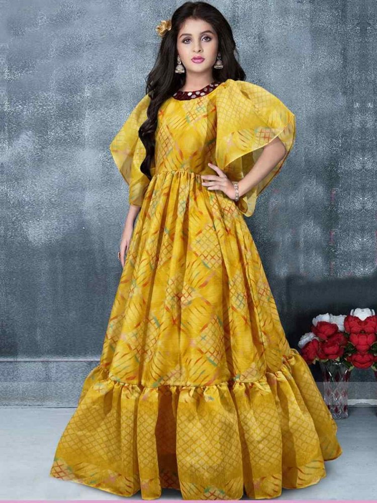 Yellow Chanderi Printed Festival Casual Salwars Girls Wear