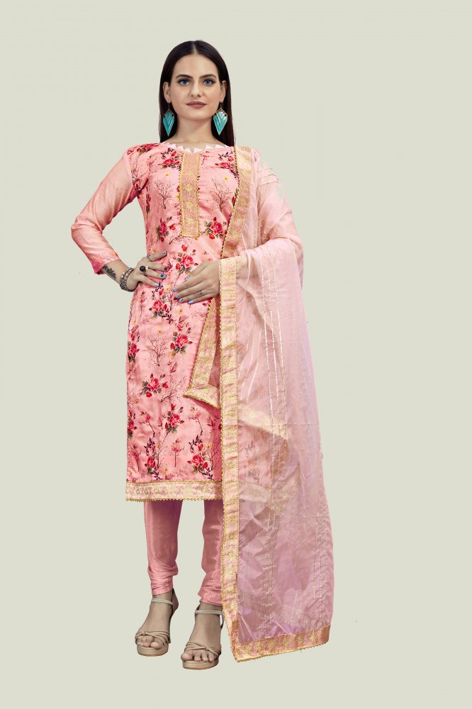 Peach Chanderi Printed Sequins Festival Party Churidar Salwar Kameez