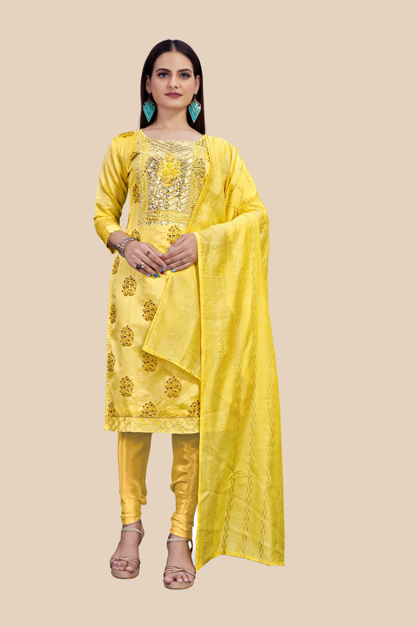 Yellow Chanderi Printed Sequins Festival Party Churidar Salwar Kameez