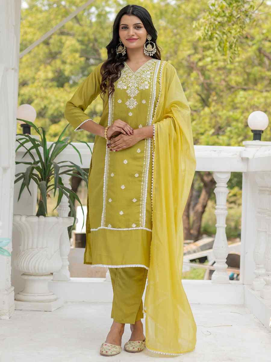 Yellow Chanderi Silk Embroidered Party Wedding Ready Pant Salwar Kameez