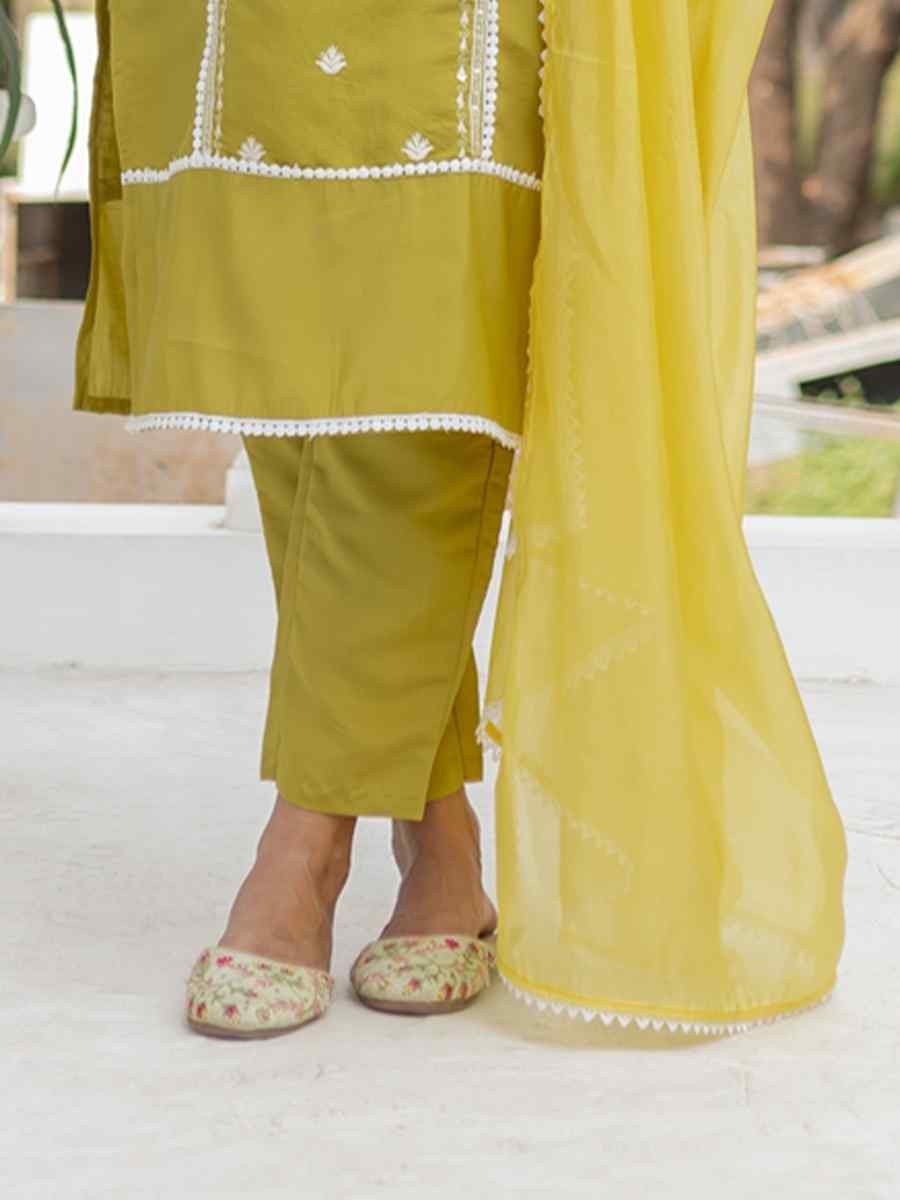 Yellow Chanderi Silk Embroidered Party Wedding Ready Pant Salwar Kameez