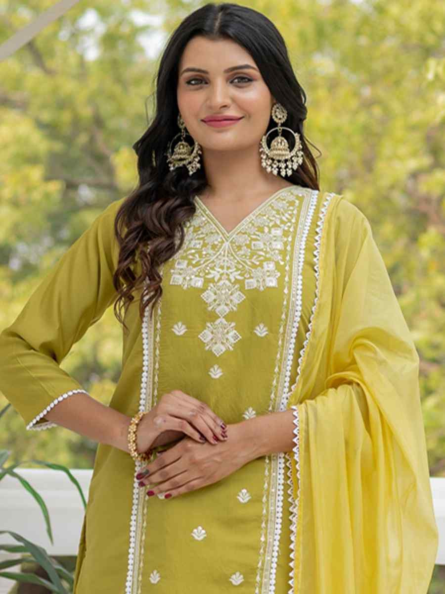 Yellow Chanderi Silk Embroidered Party Wedding Ready Pant Salwar Kameez