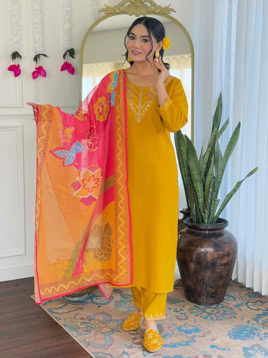 Yellow Chanderi Silk Embroidery Party Wedding Festival Casual Ready Pant Salwar Kameez