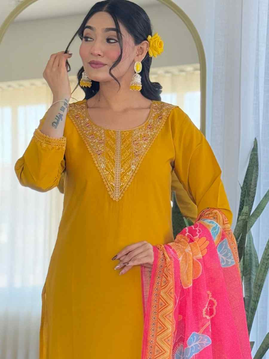 Yellow Chanderi Silk Embroidery Party Wedding Festival Casual Ready Pant Salwar Kameez