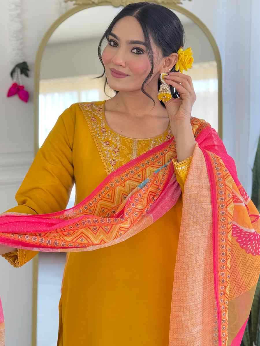 Yellow Chanderi Silk Embroidery Party Wedding Festival Casual Ready Pant Salwar Kameez