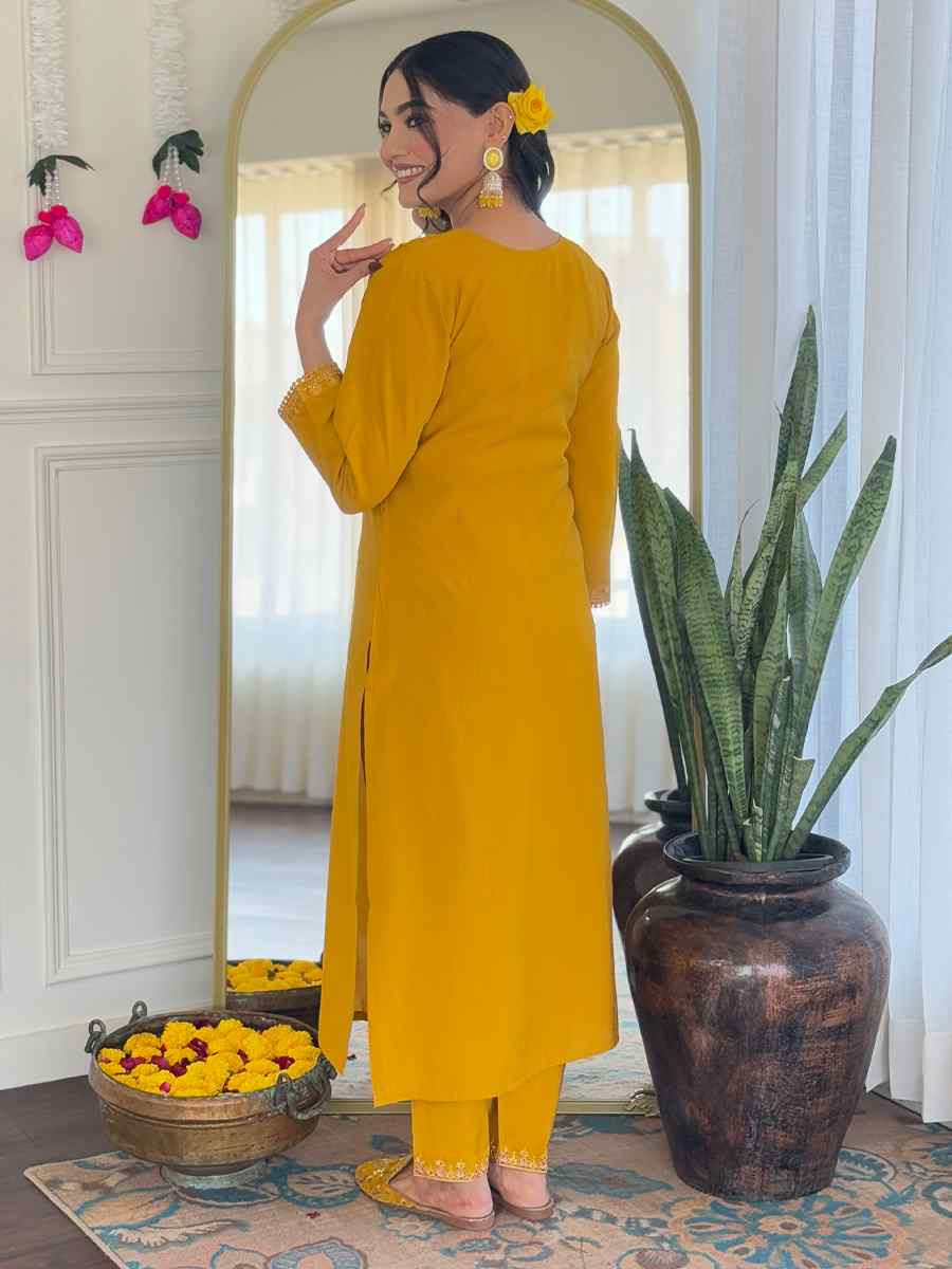 Yellow Chanderi Silk Embroidery Party Wedding Festival Casual Ready Pant Salwar Kameez