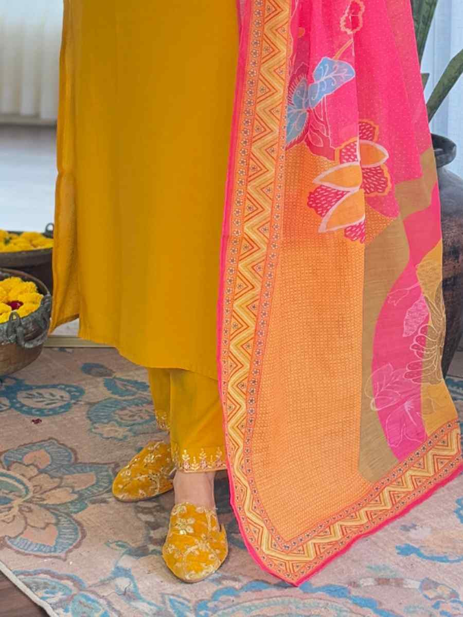 Yellow Chanderi Silk Embroidery Party Wedding Festival Casual Ready Pant Salwar Kameez