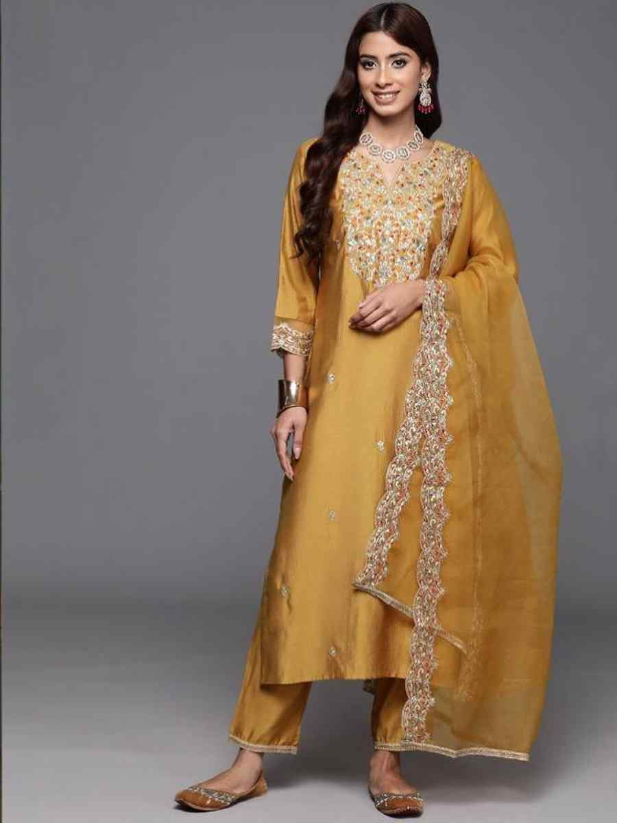 Yellow Chanderi Silk Embroidery Party Wedding Festival Casual Ready Pant Salwar Kameez