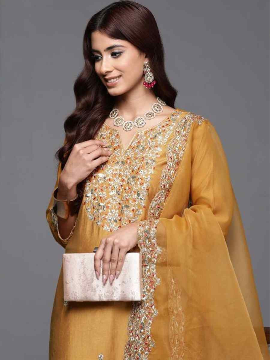Yellow Chanderi Silk Embroidery Party Wedding Festival Casual Ready Pant Salwar Kameez