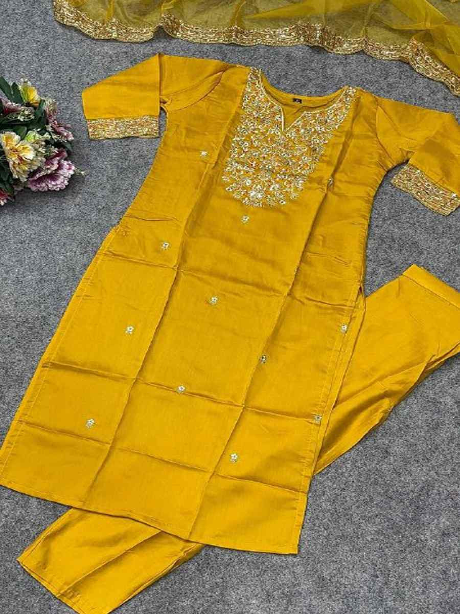 Yellow Chanderi Silk Embroidery Party Wedding Festival Casual Ready Pant Salwar Kameez