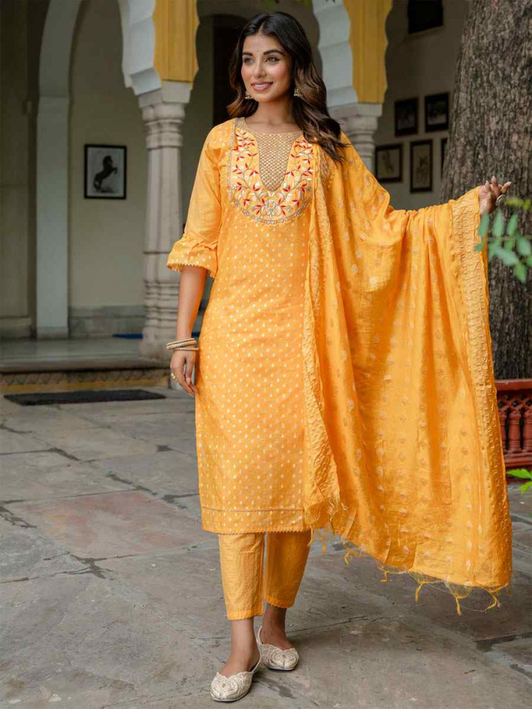 Image of Yellow Chanderi Silk Embroidery Party Wedding Festival Casual Ready Pant Salwar Kameez