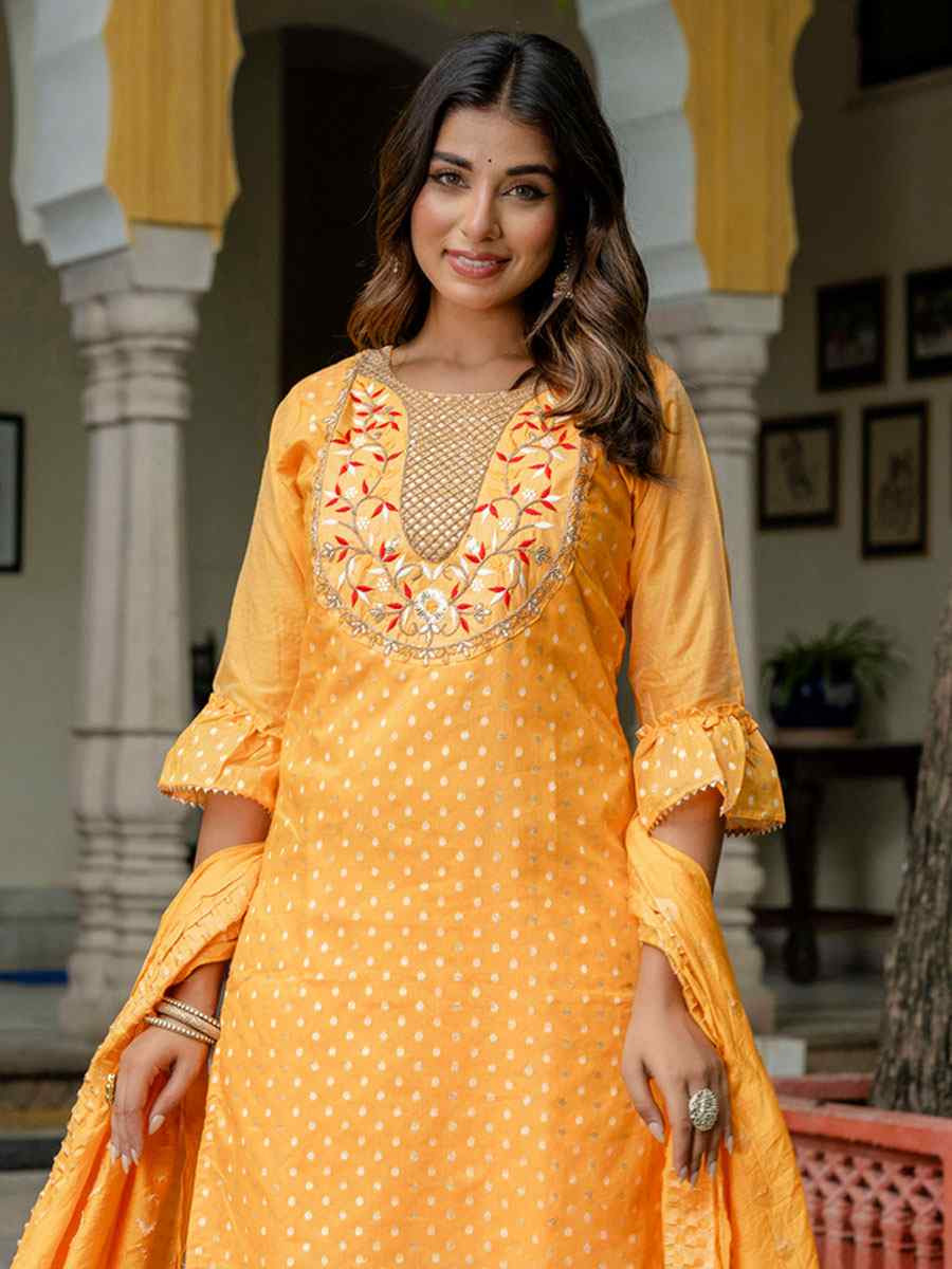 Yellow Chanderi Silk Embroidery Party Wedding Festival Casual Ready Pant Salwar Kameez
