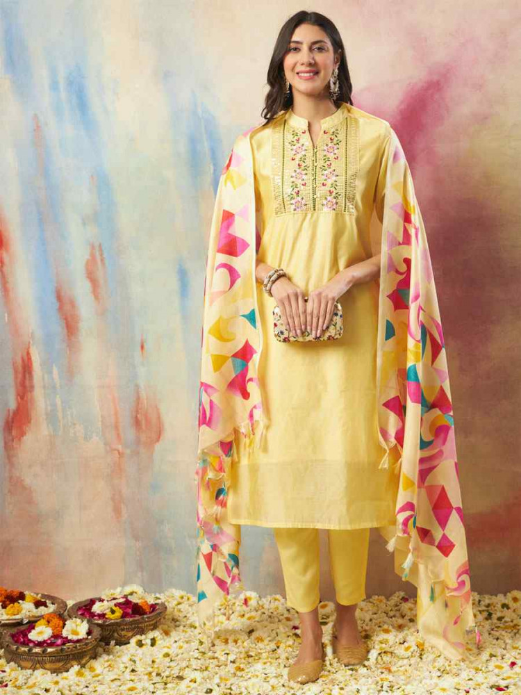 Image of Yellow Chanderi Silk Embroidery Party Wedding Festival Casual Ready Pant Salwar Kameez