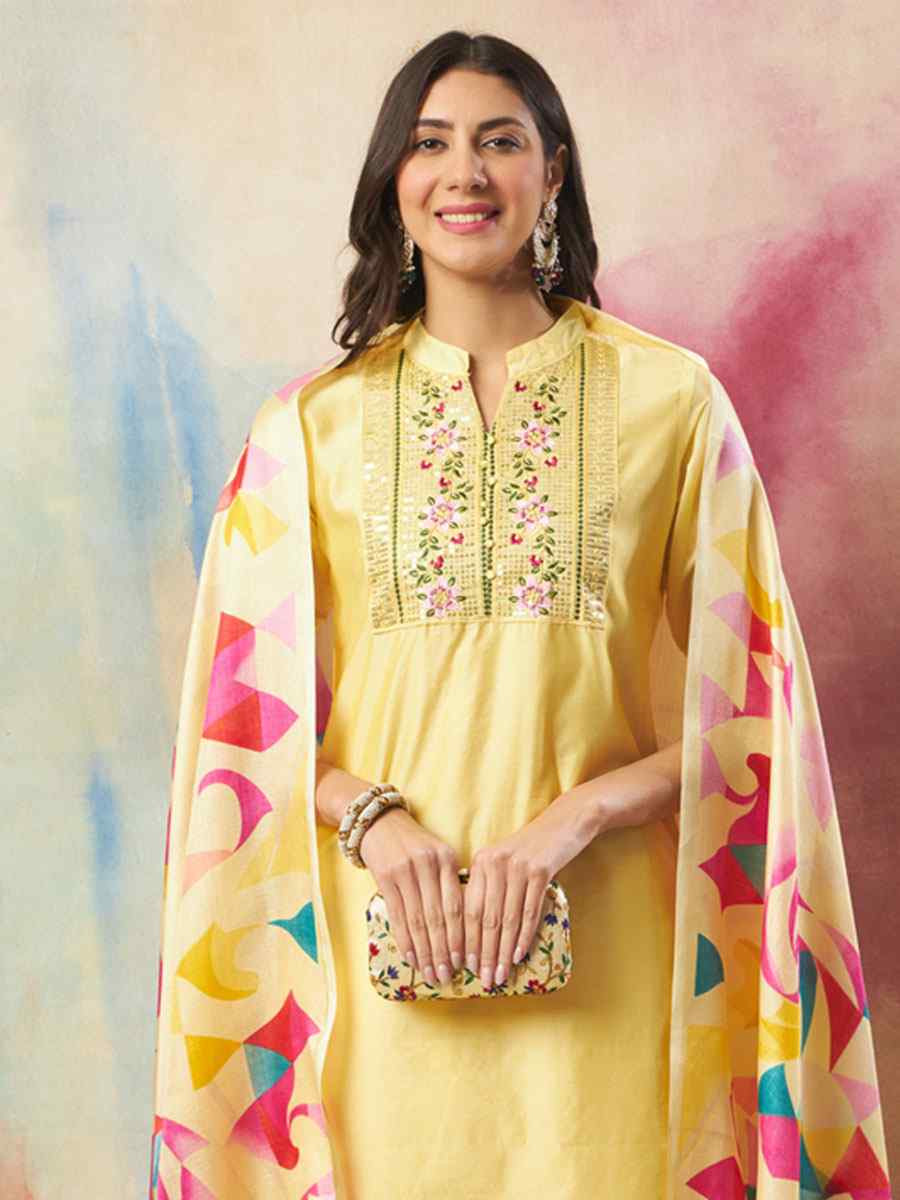 Yellow Chanderi Silk Embroidery Party Wedding Festival Casual Ready Pant Salwar Kameez