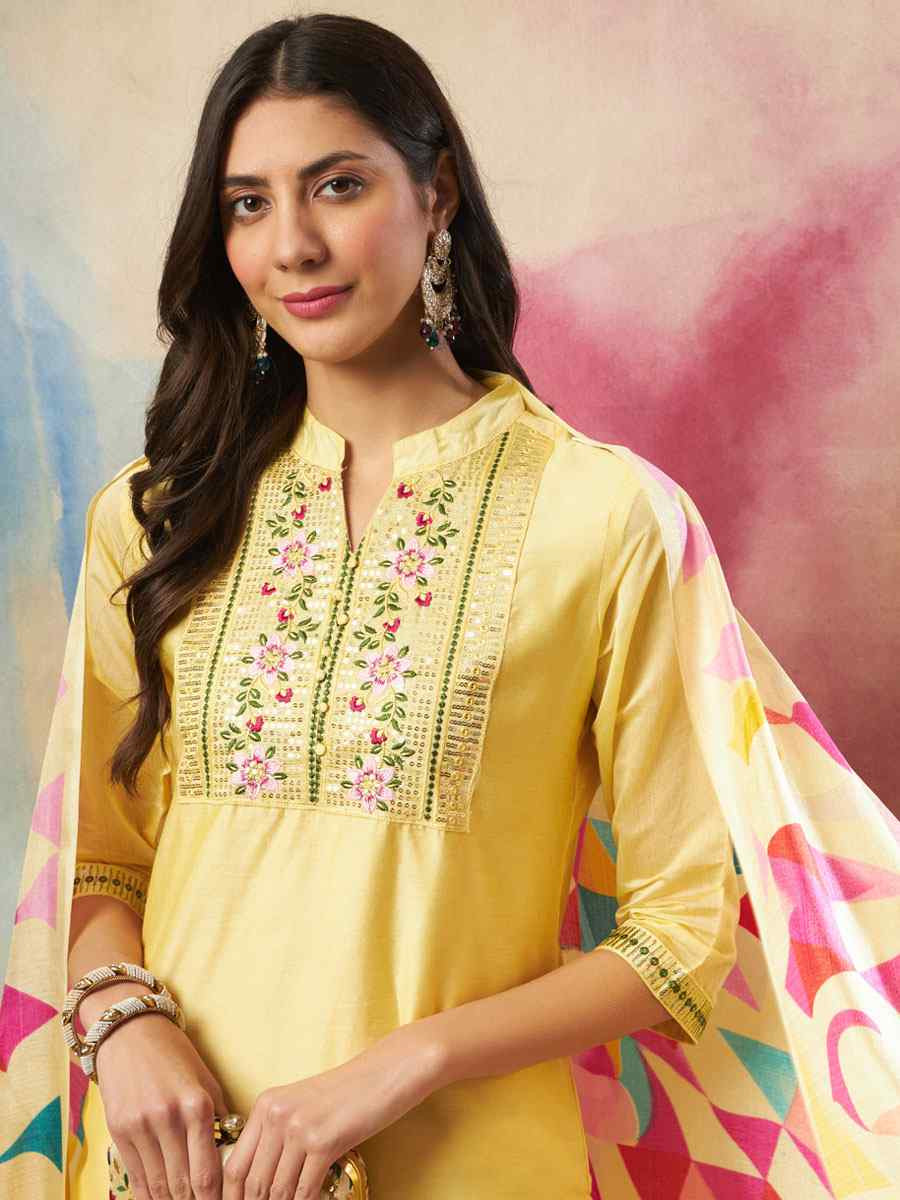 Yellow Chanderi Silk Embroidery Party Wedding Festival Casual Ready Pant Salwar Kameez