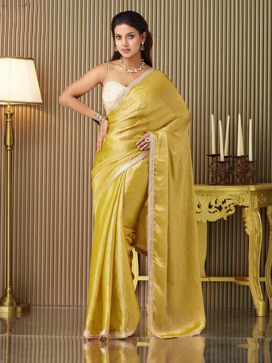 Yellow Chiffon Embroidered Festival Wedding Fancy Heavy Border Saree