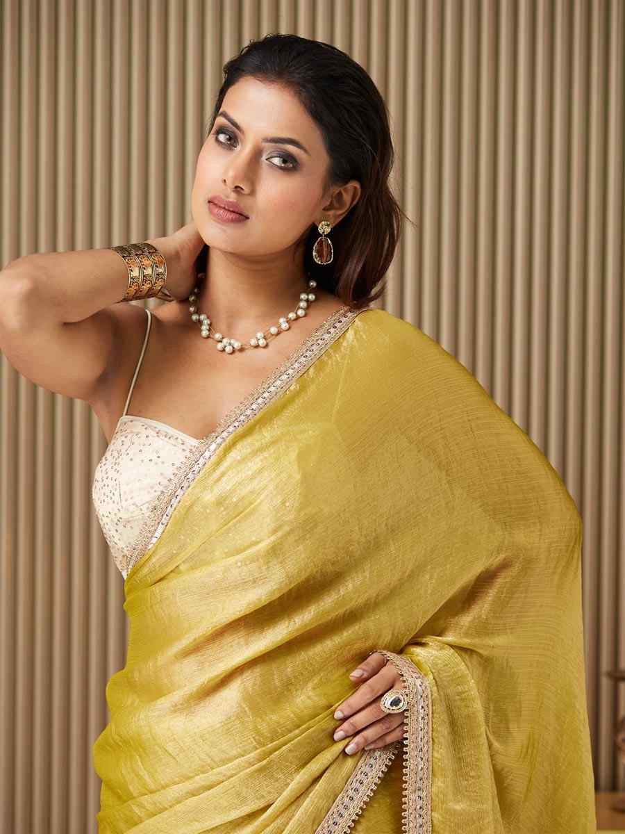 Yellow Chiffon Embroidered Festival Wedding Fancy Heavy Border Saree