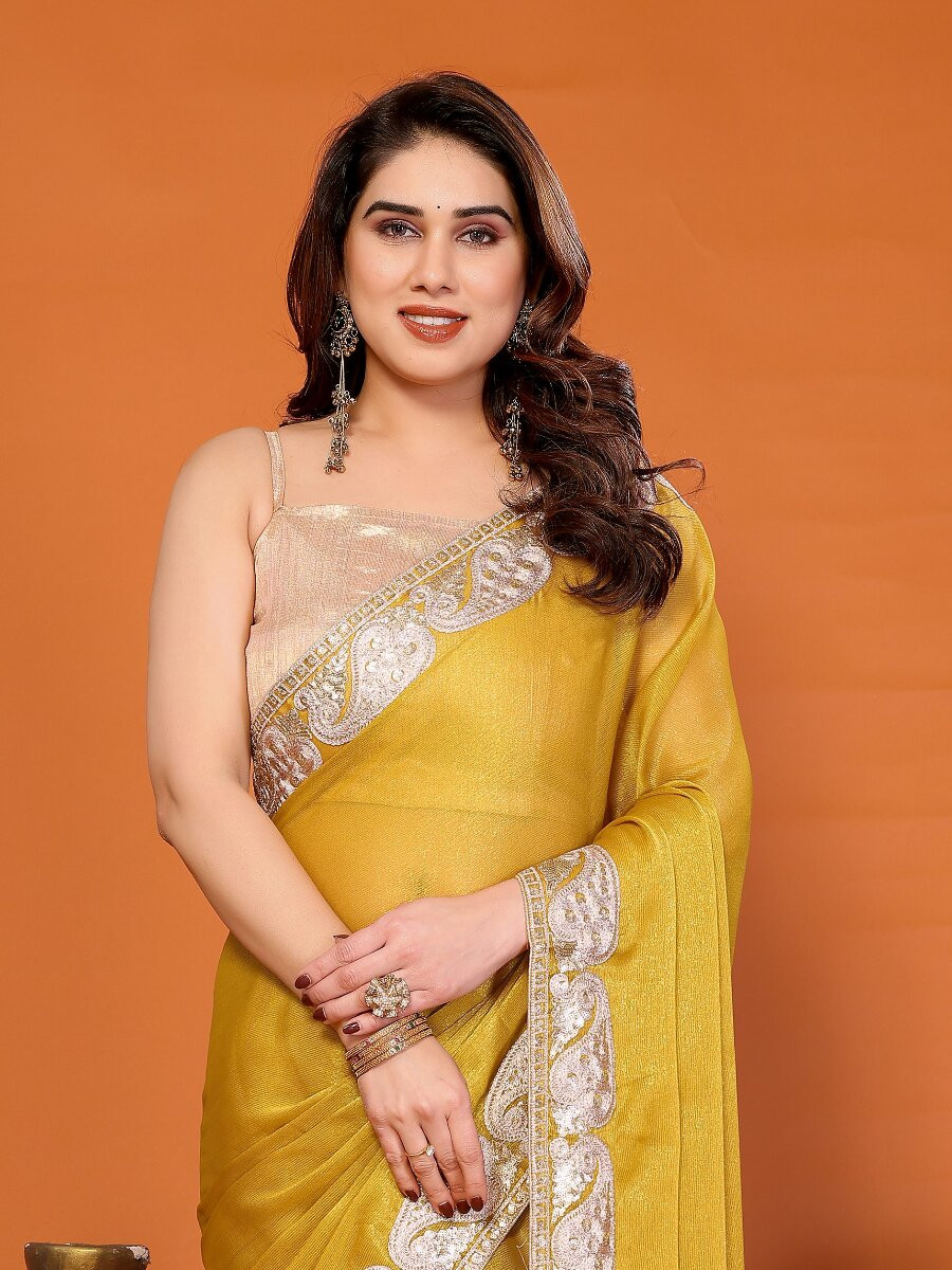 Yellow Chiffon Embroidery Wedding Reception Party Festival Heavy Border Sarees