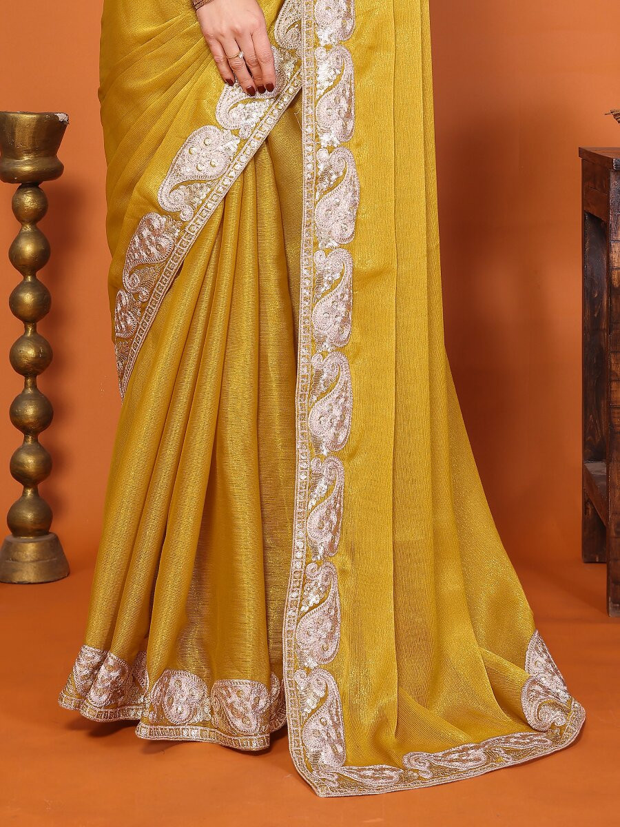 Yellow Chiffon Embroidery Wedding Reception Party Festival Heavy Border Sarees