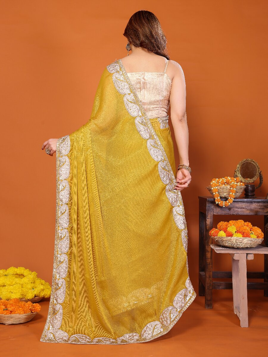 Yellow Chiffon Embroidery Wedding Reception Party Festival Heavy Border Sarees