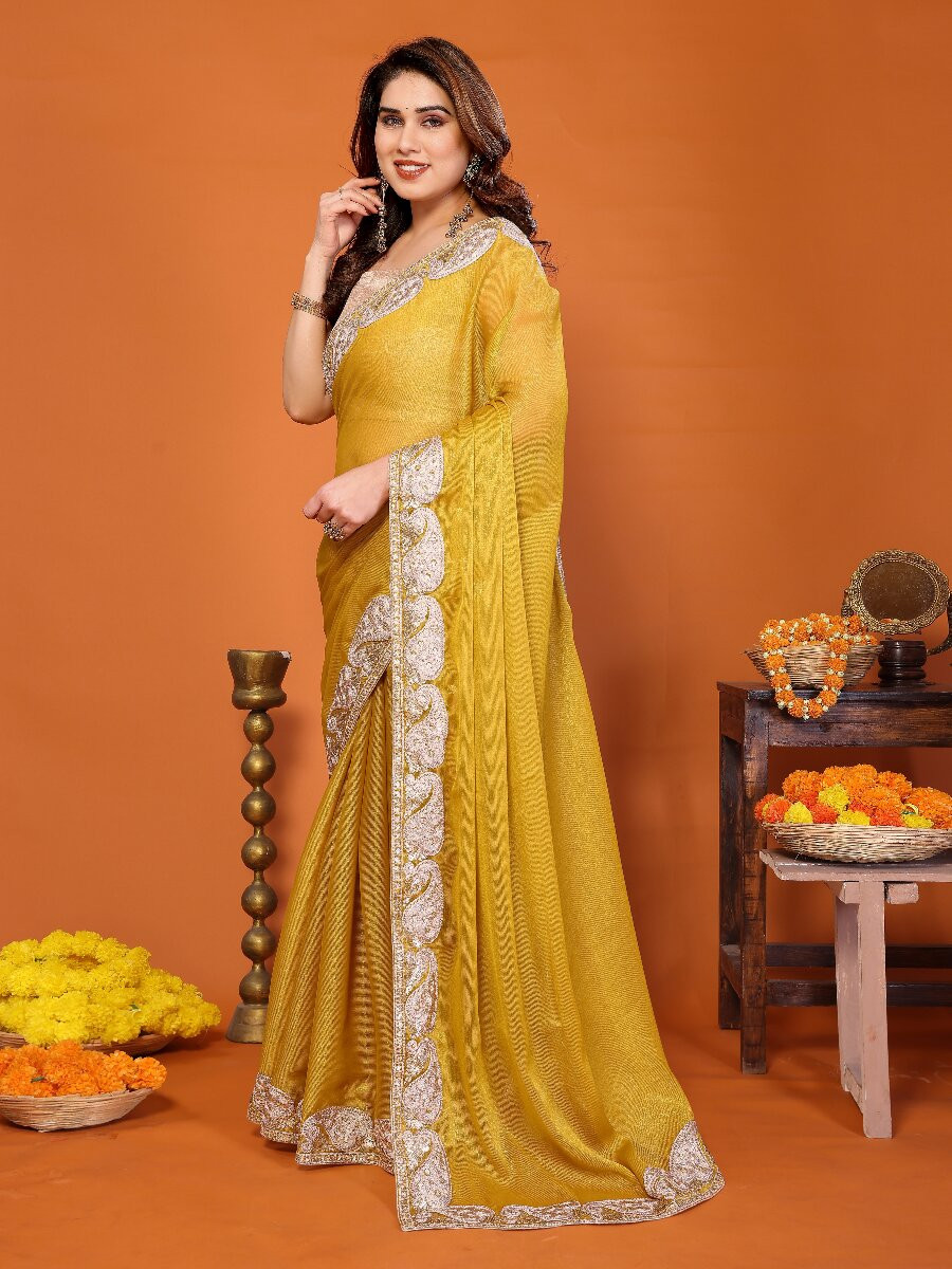 Yellow Chiffon Embroidery Wedding Reception Party Festival Heavy Border Sarees