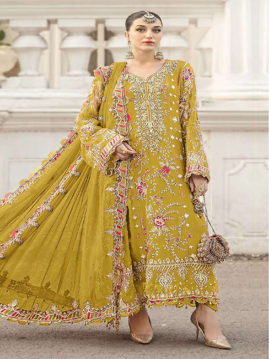 Yellow Chiffon Embroidery Zari Sequins Wedding Party Festival Engagement Pant Salwar Kameez