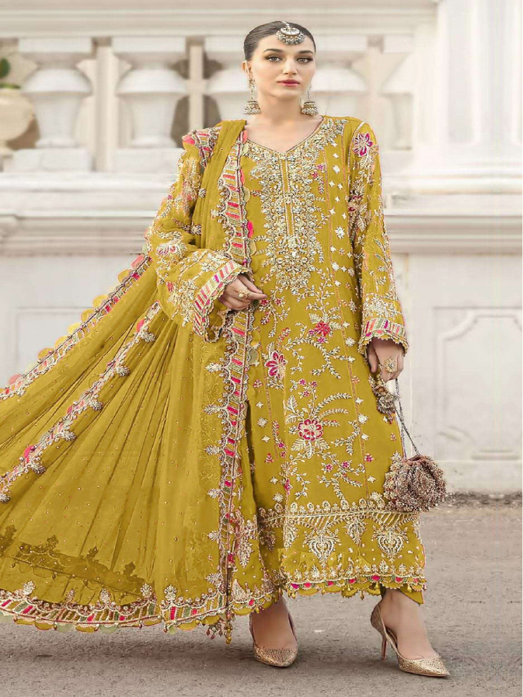 Image of Yellow Chiffon Embroidery Zari Sequins Wedding Party Festival Engagement Pant Salwar Kameez