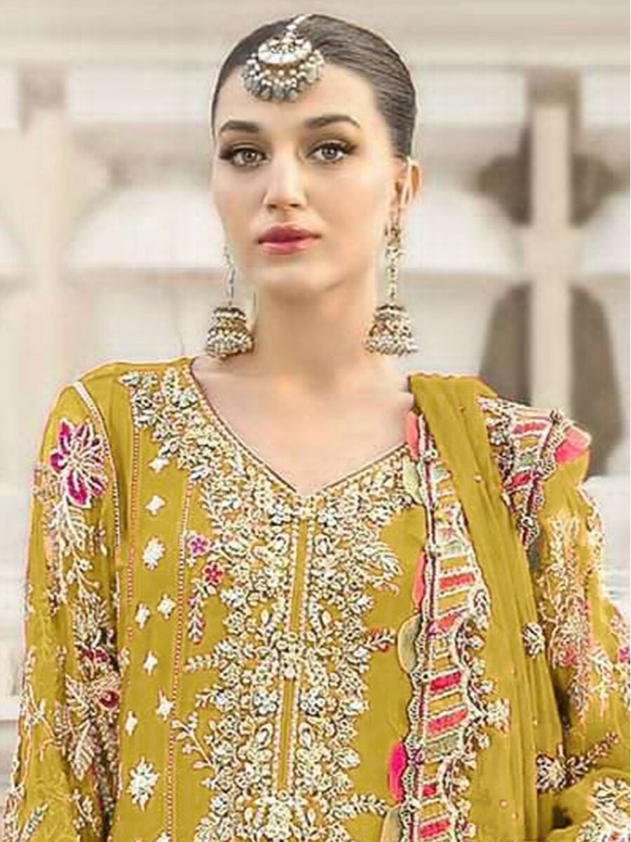 Yellow Chiffon Embroidery Zari Sequins Wedding Party Festival Engagement Pant Salwar Kameez