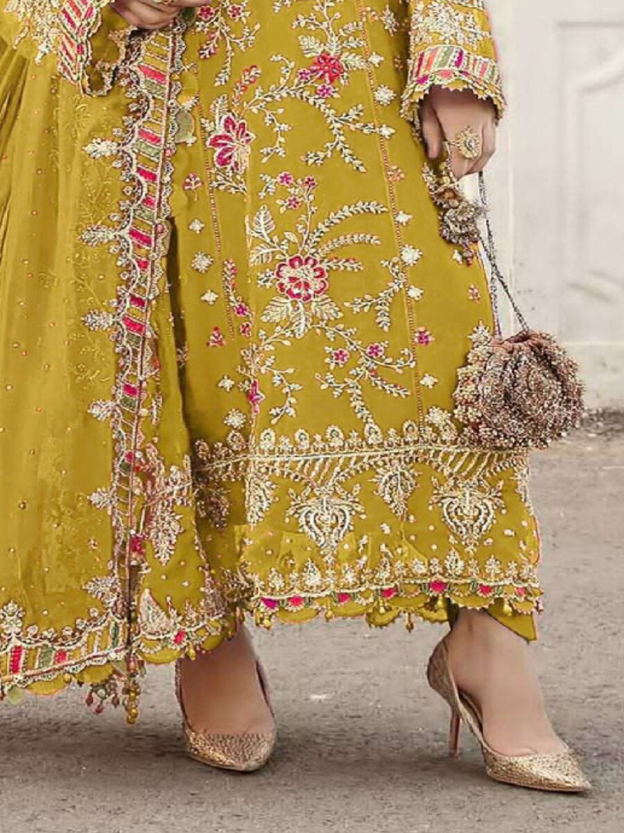 Yellow Chiffon Embroidery Zari Sequins Wedding Party Festival Engagement Pant Salwar Kameez