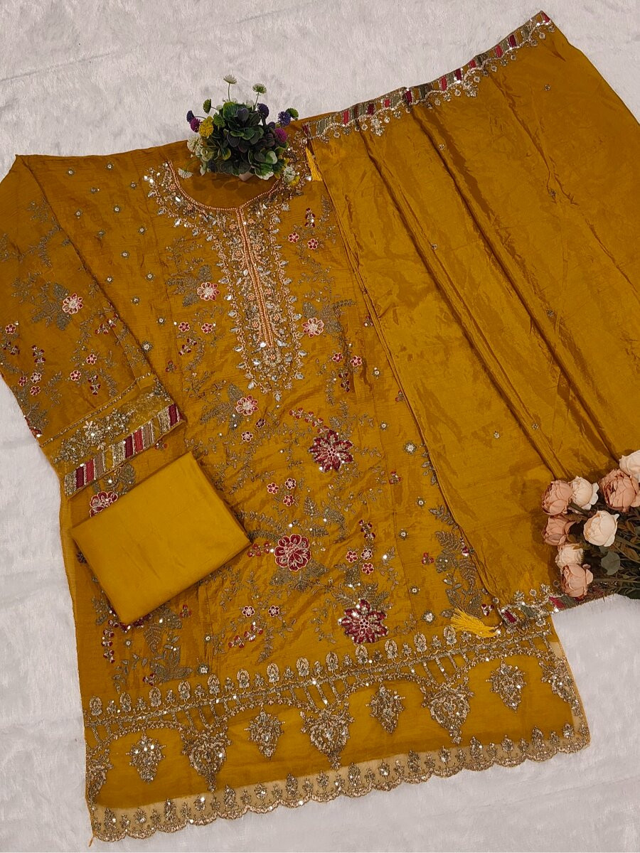 Yellow Chiffon Embroidery Zari Sequins Wedding Party Festival Engagement Pant Salwar Kameez