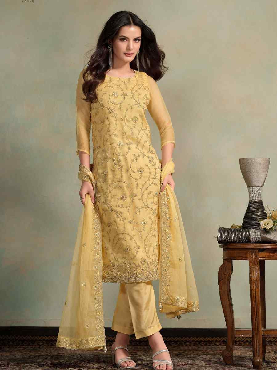 Yellow Chiffon Organza Embroidered Festival Wedding Pant Salwar Kameez