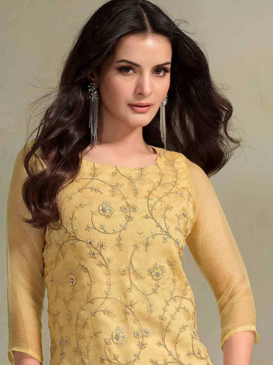 Yellow Chiffon Organza Embroidered Festival Wedding Pant Salwar Kameez
