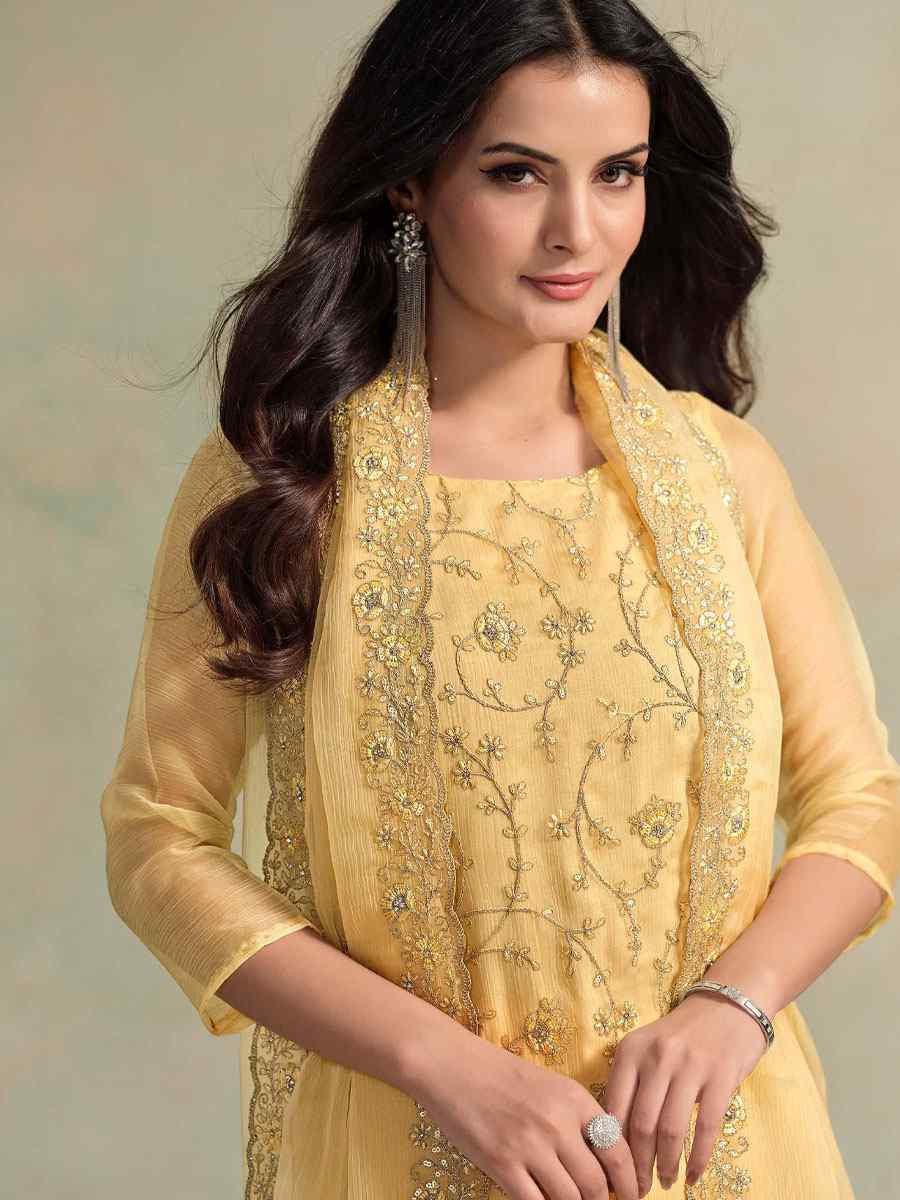 Yellow Chiffon Organza Embroidered Festival Wedding Pant Salwar Kameez