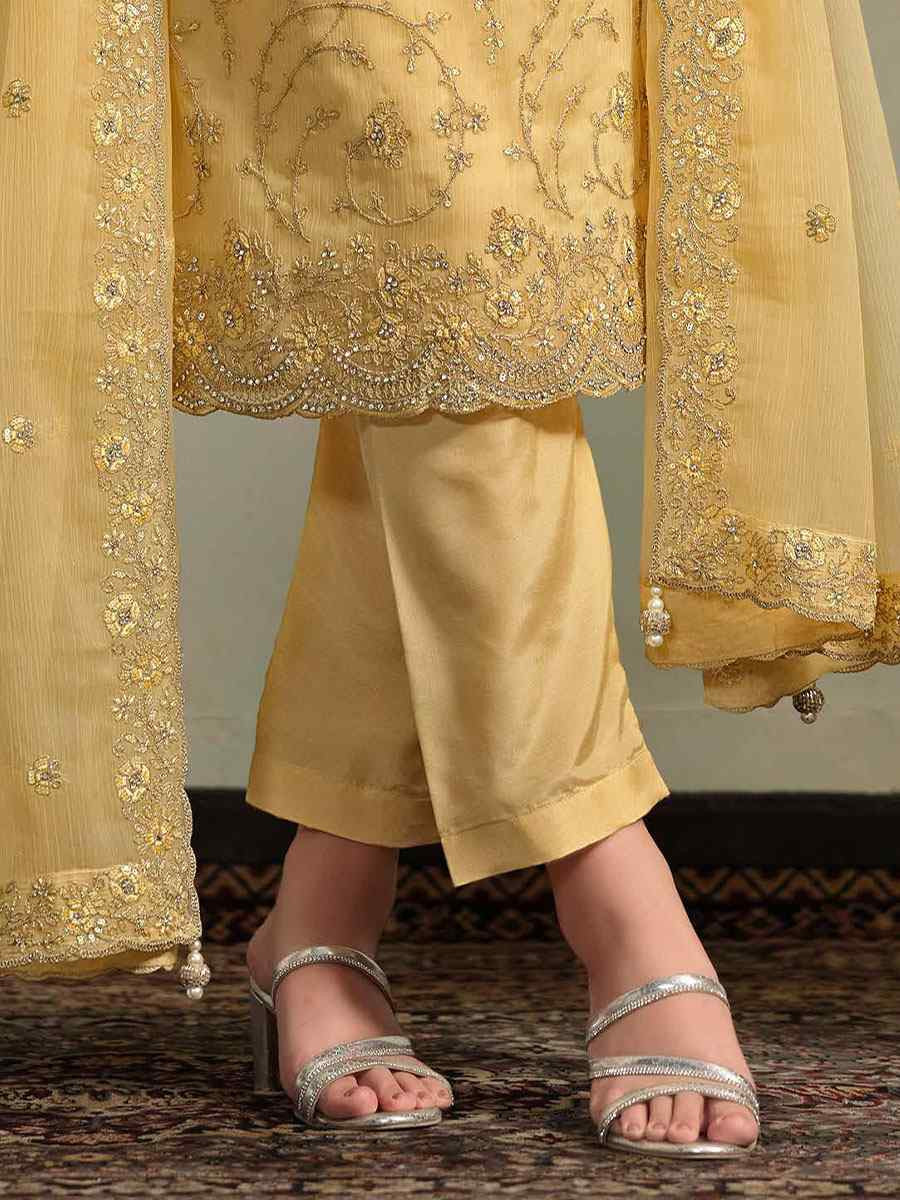 Yellow Chiffon Organza Embroidered Festival Wedding Pant Salwar Kameez