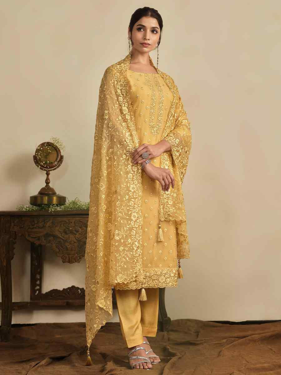 Yellow Chiffon Organza Embroidered Festival Wedding Pant Salwar Kameez