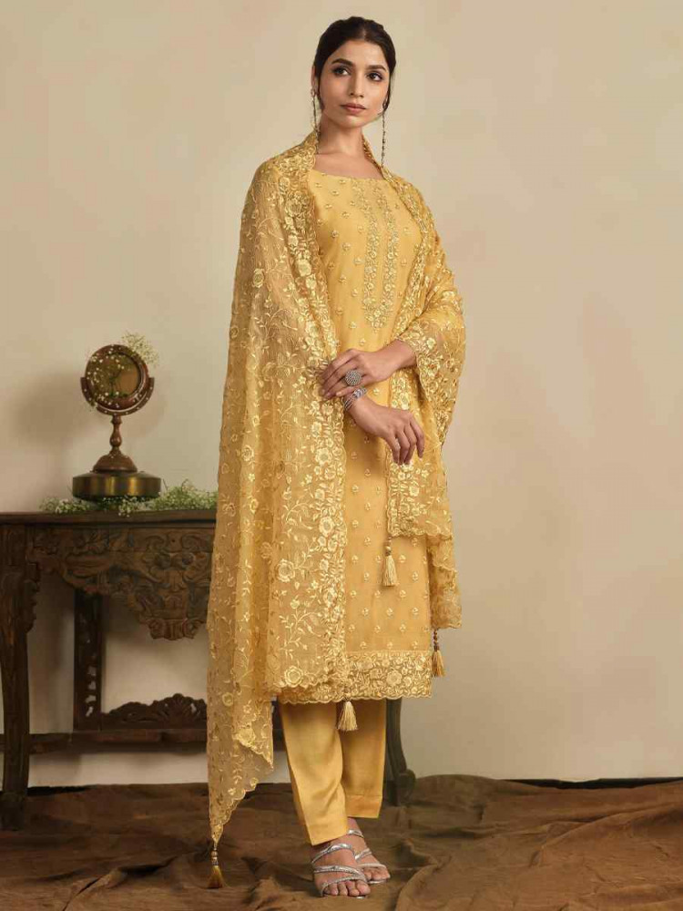 Yellow Chiffon Organza Embroidered Festival Wedding Pant Salwar Kameez