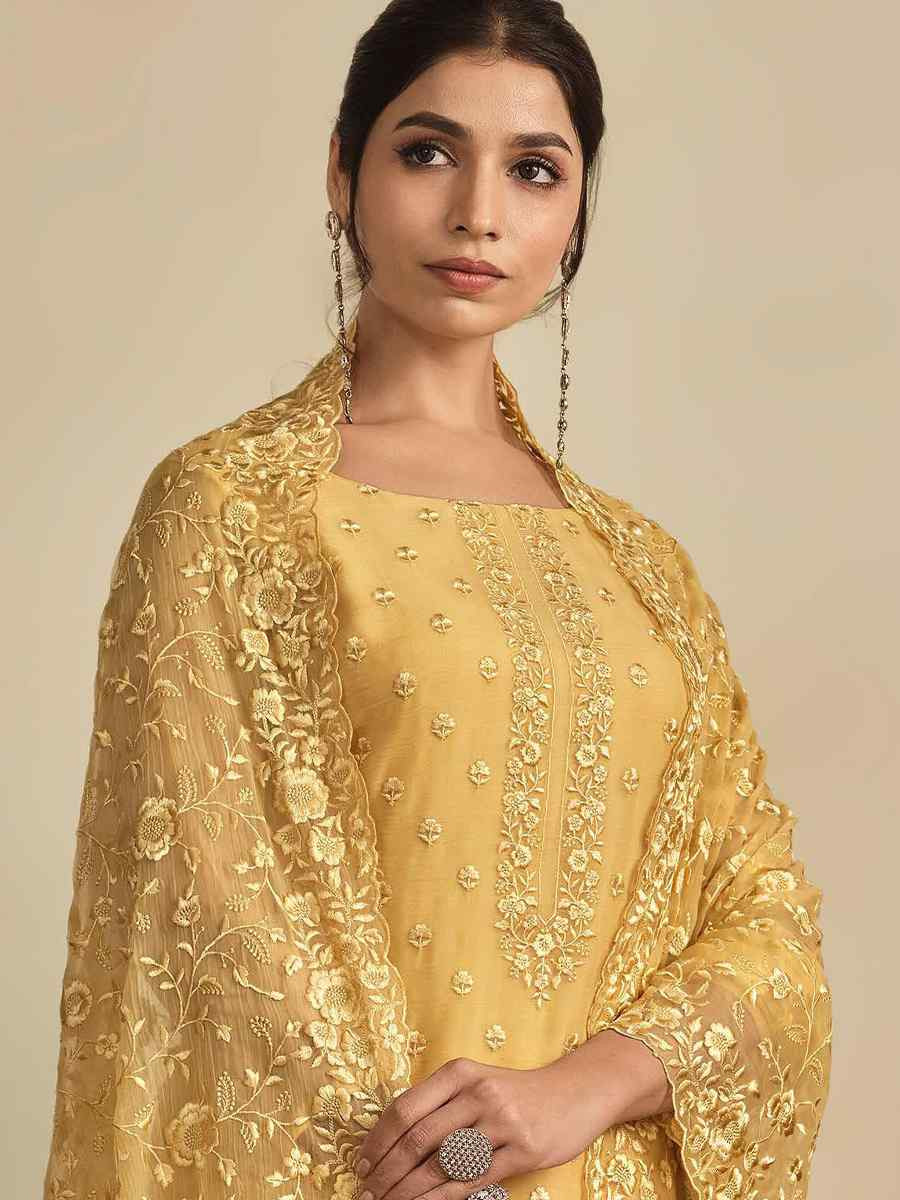 Yellow Chiffon Organza Embroidered Festival Wedding Pant Salwar Kameez