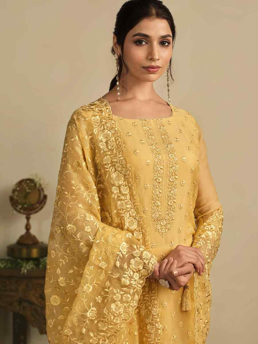 Yellow Chiffon Organza Embroidered Festival Wedding Pant Salwar Kameez