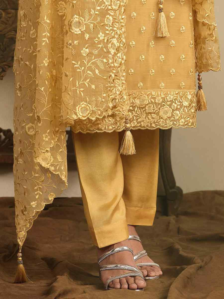 Yellow Chiffon Organza Embroidered Festival Wedding Pant Salwar Kameez