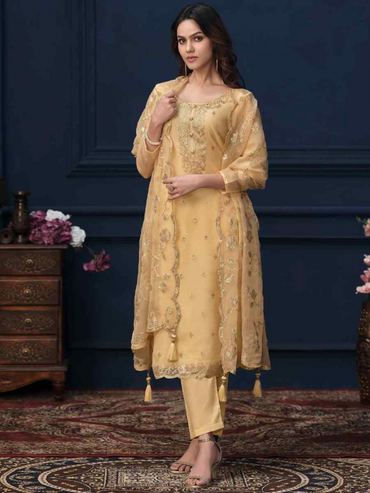 Yellow Chiffon Organza Embroidered Festival Wedding Pant Salwar Kameez
