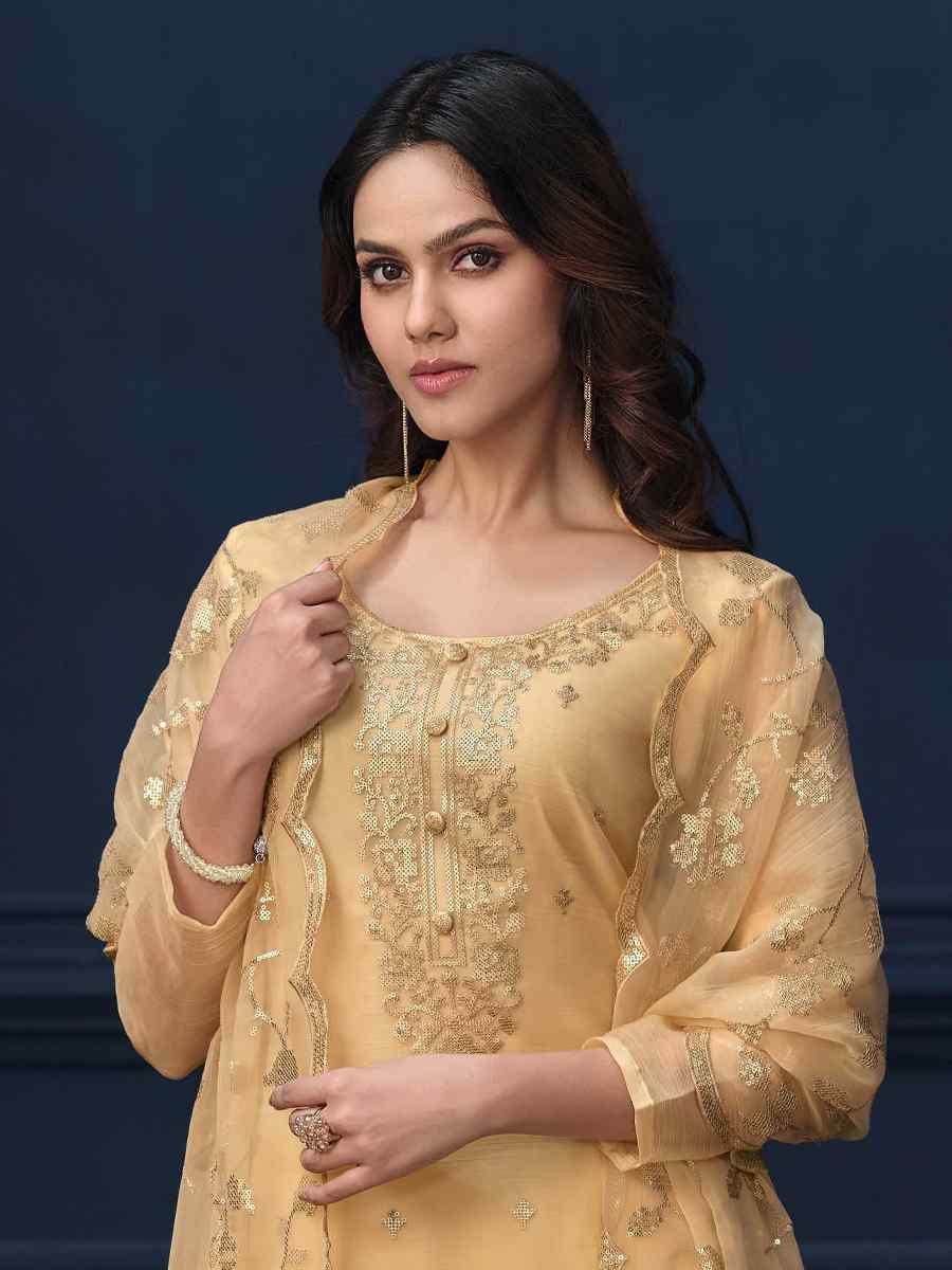 Yellow Chiffon Organza Embroidered Festival Wedding Pant Salwar Kameez