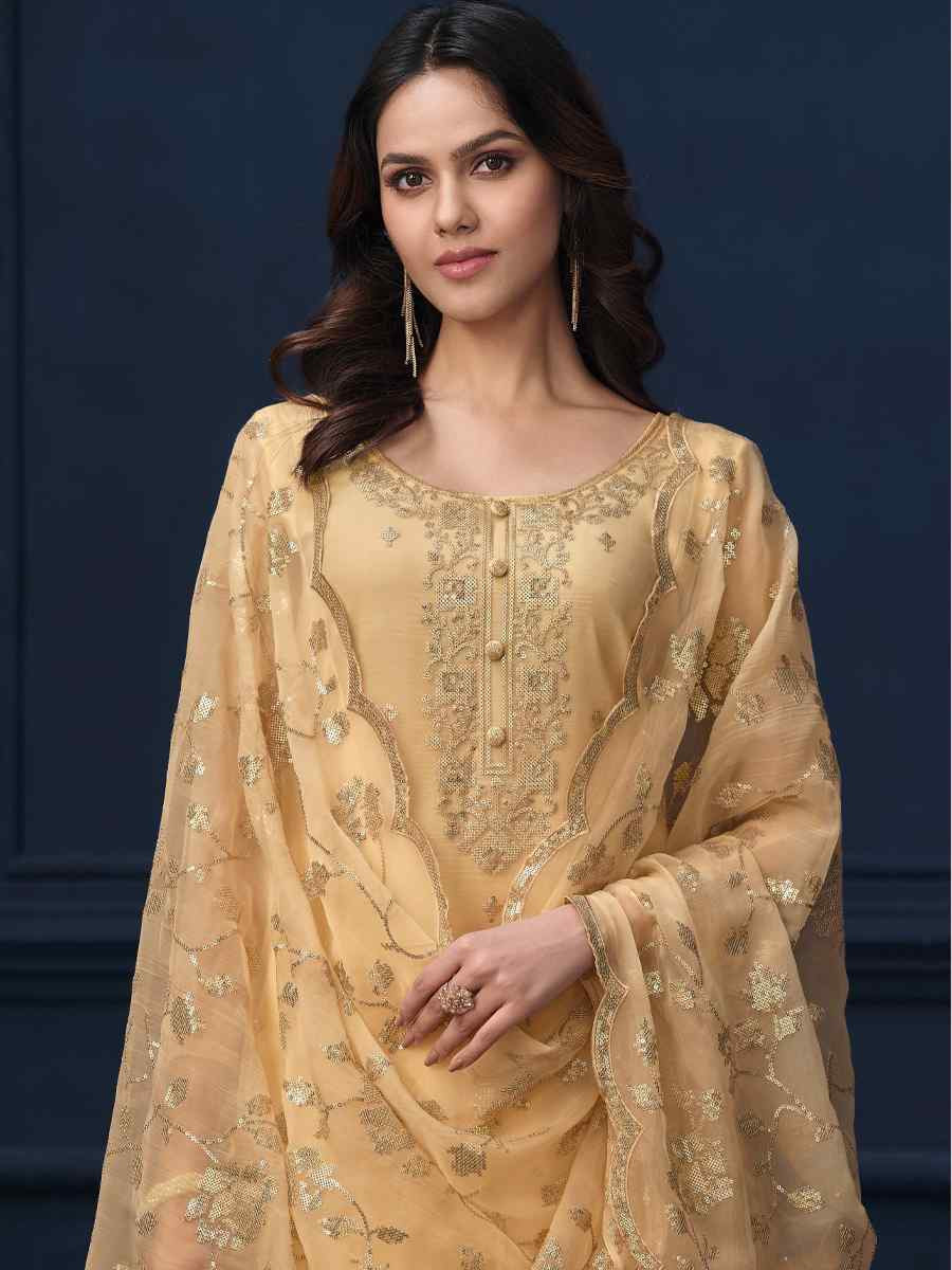Yellow Chiffon Organza Embroidered Festival Wedding Pant Salwar Kameez