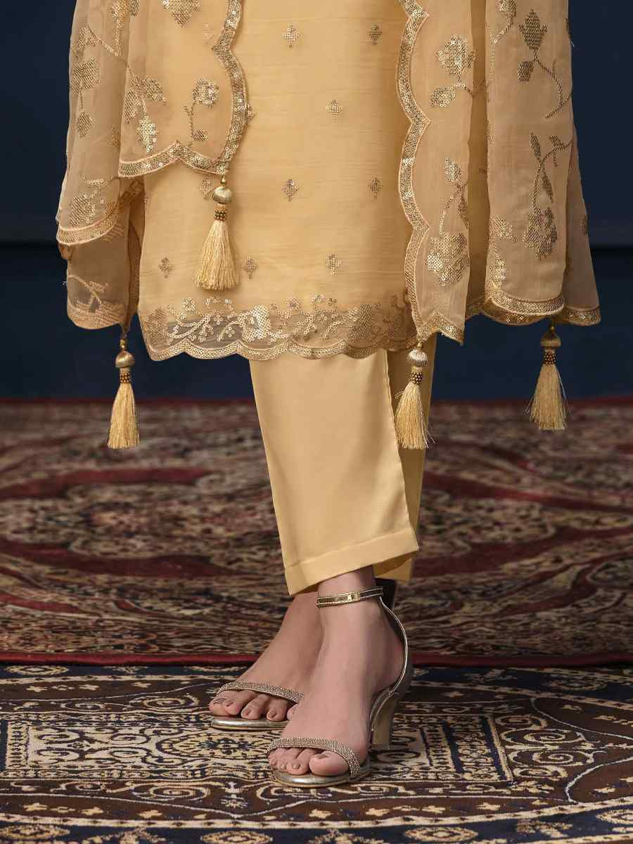 Yellow Chiffon Organza Embroidered Festival Wedding Pant Salwar Kameez