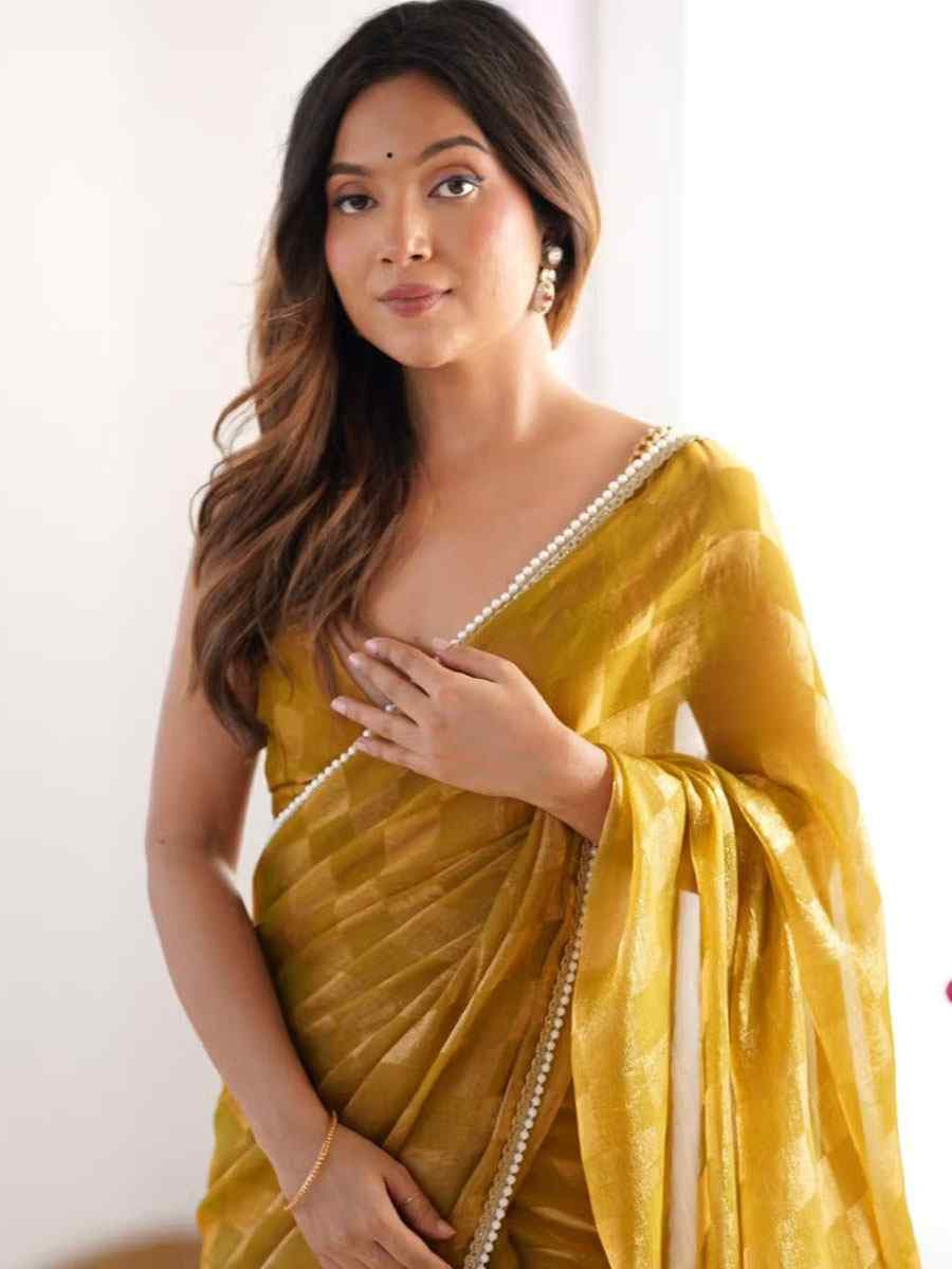 Yellow Chiffon Prinred Traditional Fastive Reception Festival Wedding Fancy Heavy Border Saree