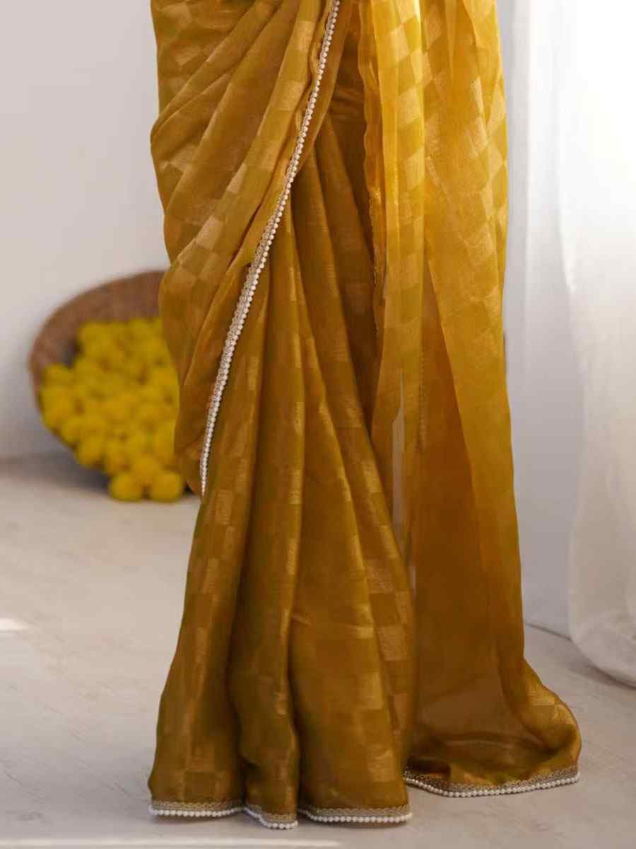 Yellow Chiffon Prinred Traditional Fastive Reception Festival Wedding Fancy Heavy Border Saree