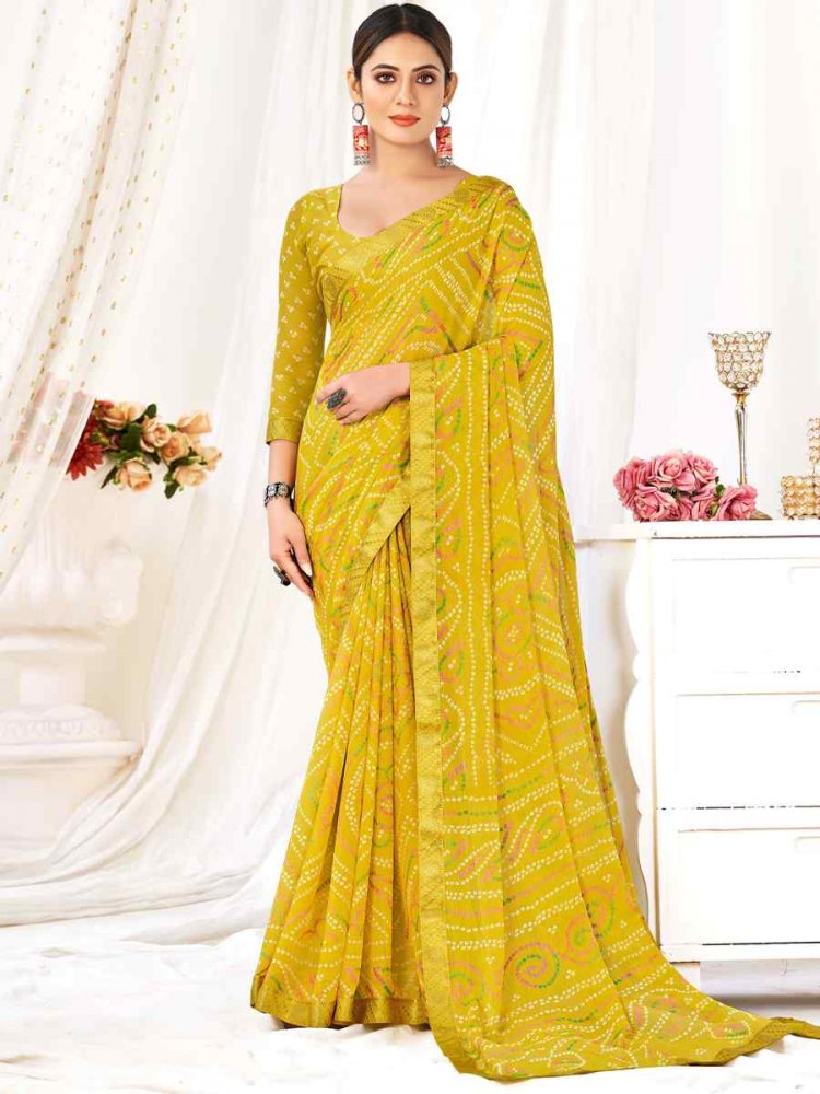 Yellow Chiffon Printed Casual Festival Contemporary Saree